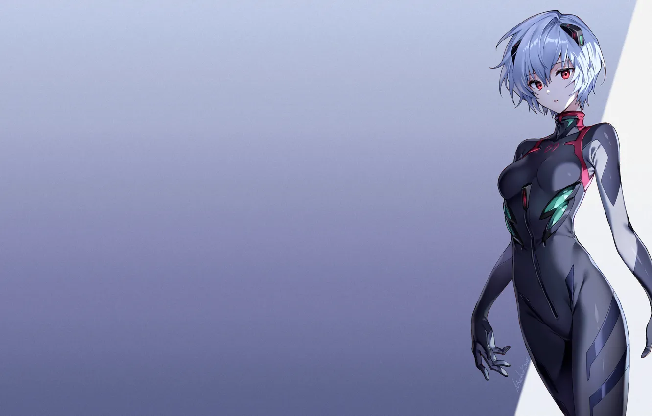 Фото обои Ayanami Rei, red eyes, short hair, anime girls, purple hair, white hair, tight clothing, plugsuit