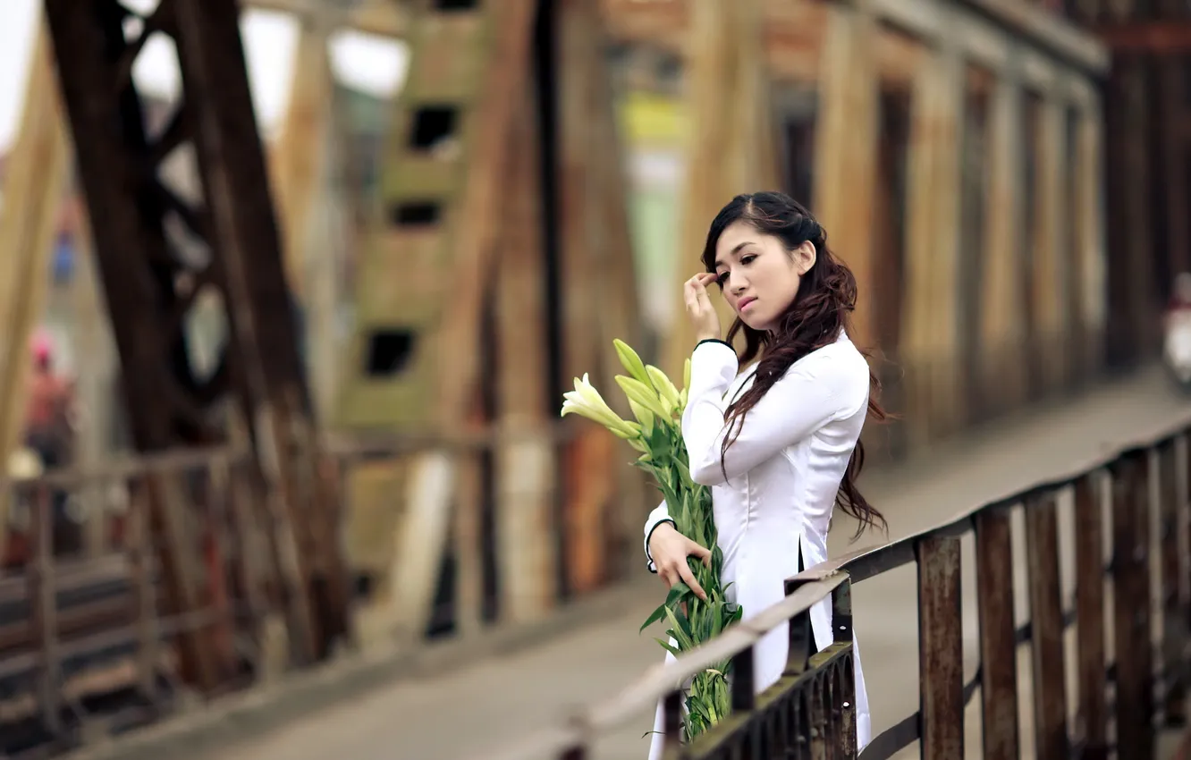 Фото обои девушка, цветы, мост, азиатка