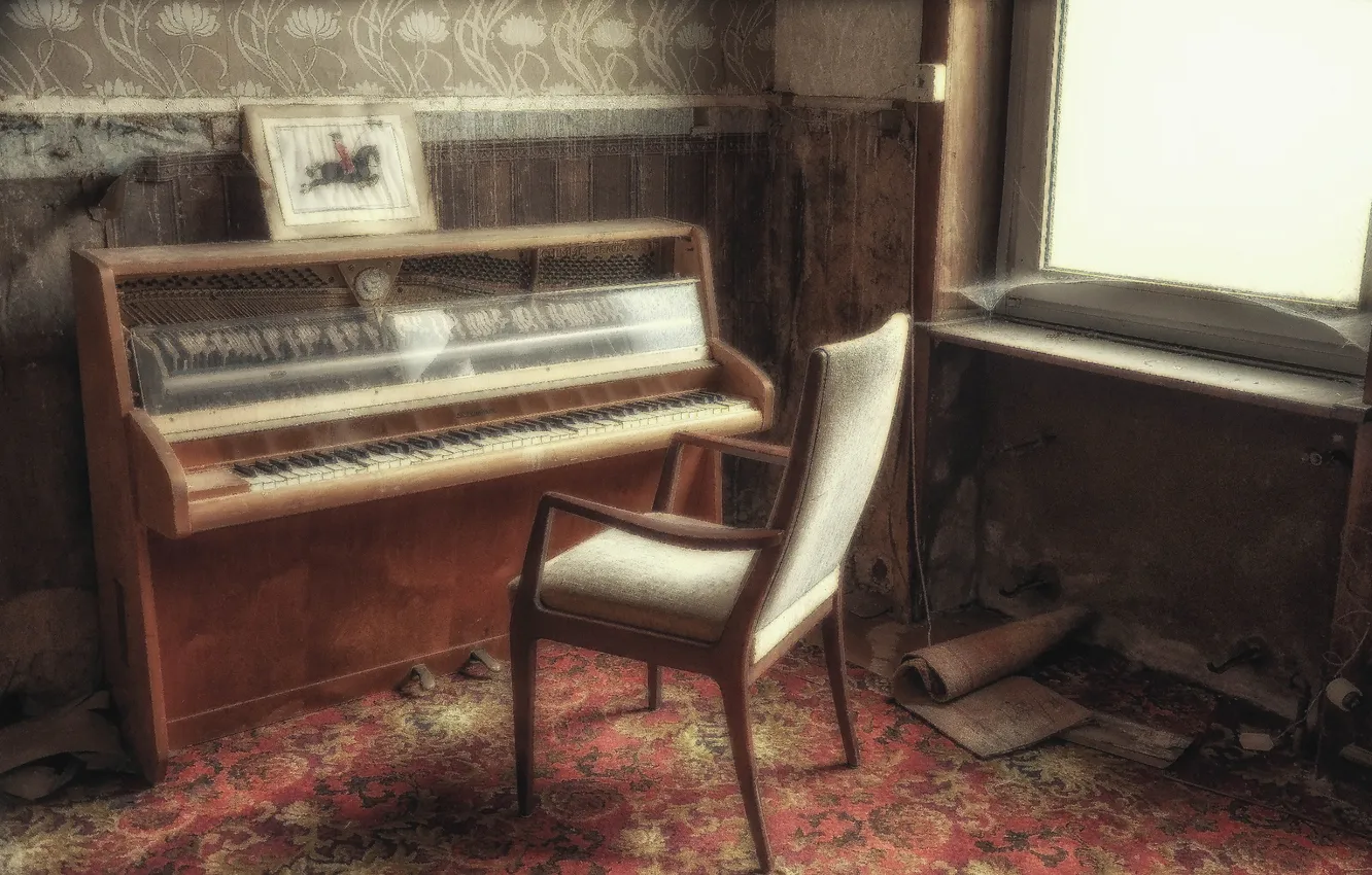 Фото обои музыка, окно, стул, пианино