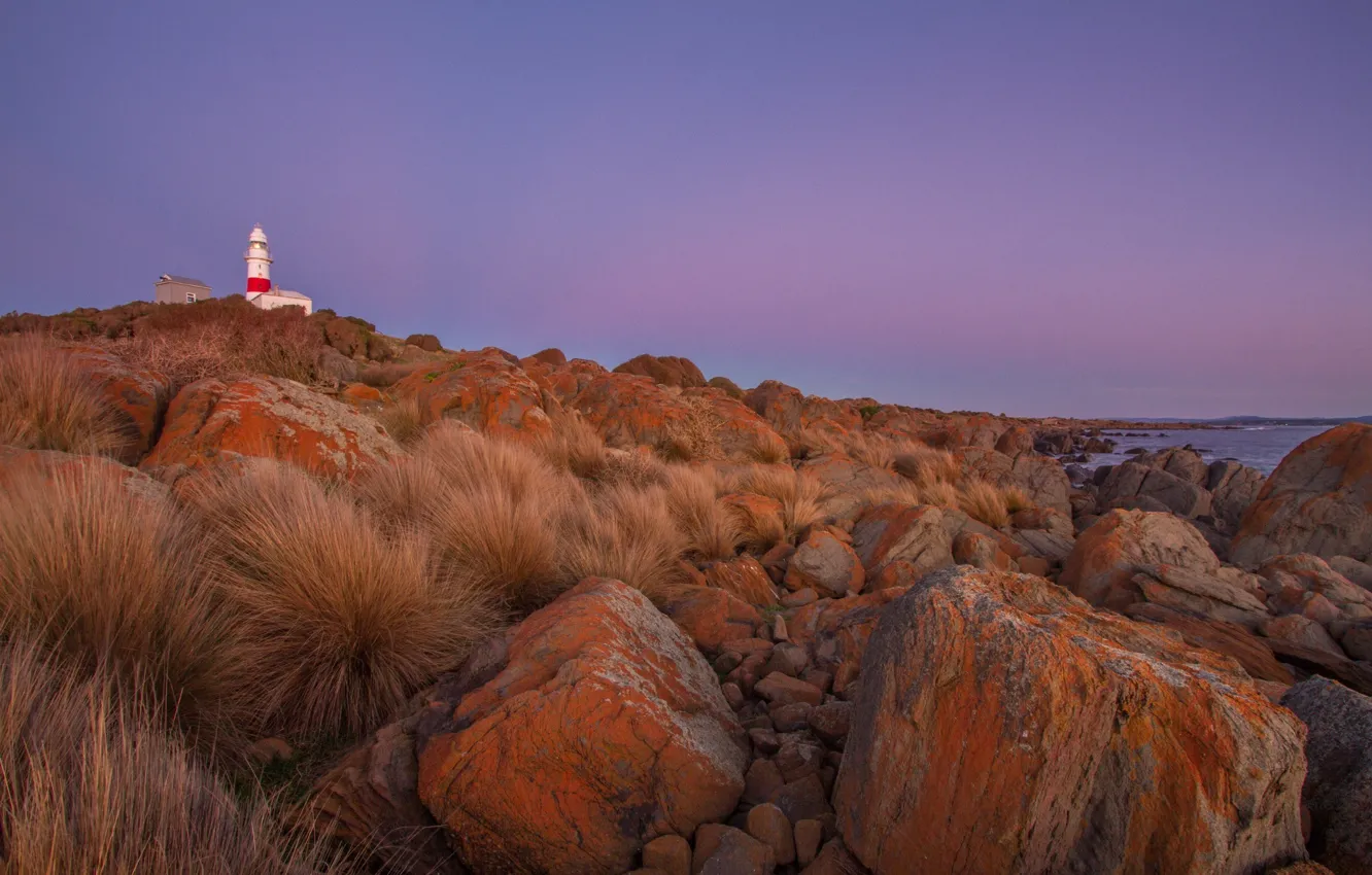 Фото обои берег, маяк, вечер, валуны