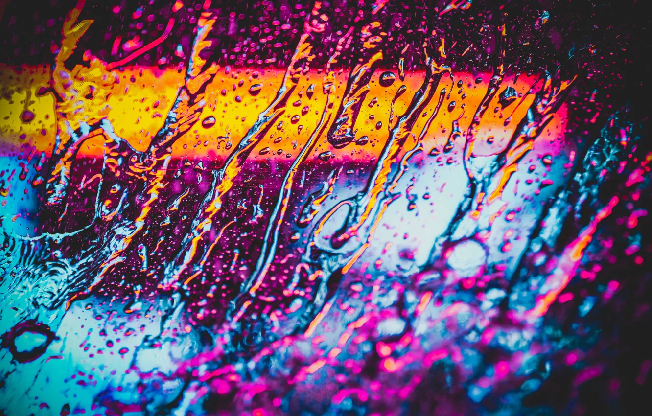 Фото обои стекло, вода, капли, дождь, неон