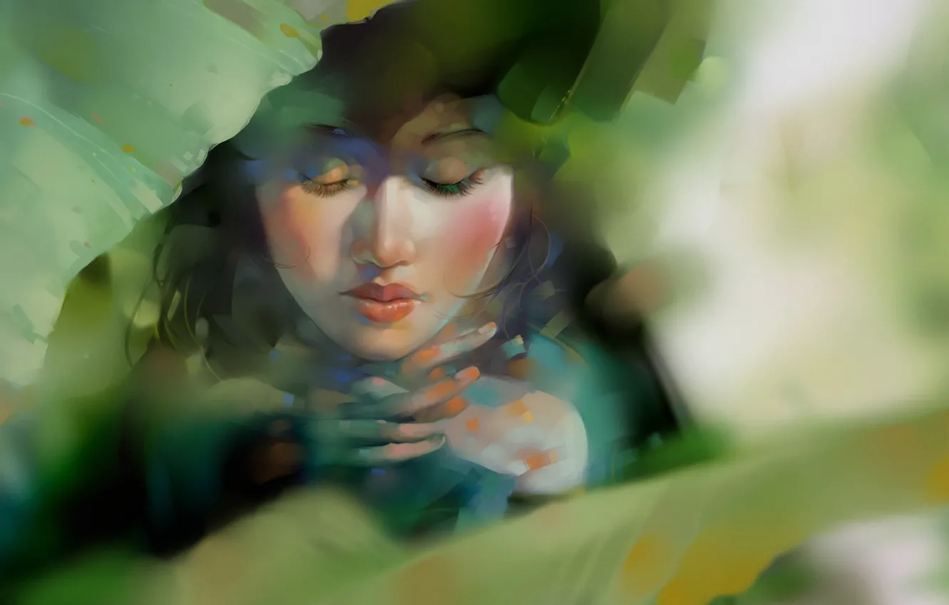 Фото обои зелень, листья, арт, нарисованная девушка