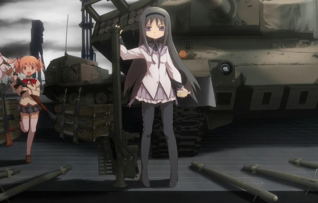 Фото обои оружие, животное, девочки, аниме, арт, танк, ящики, школьницы