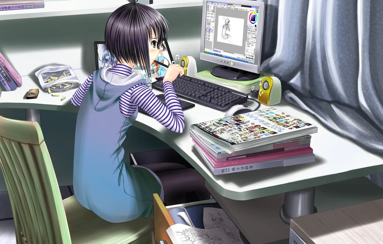 Фото обои компьютер, комната, арт, рисунки, девочка, карандаш, silversirius