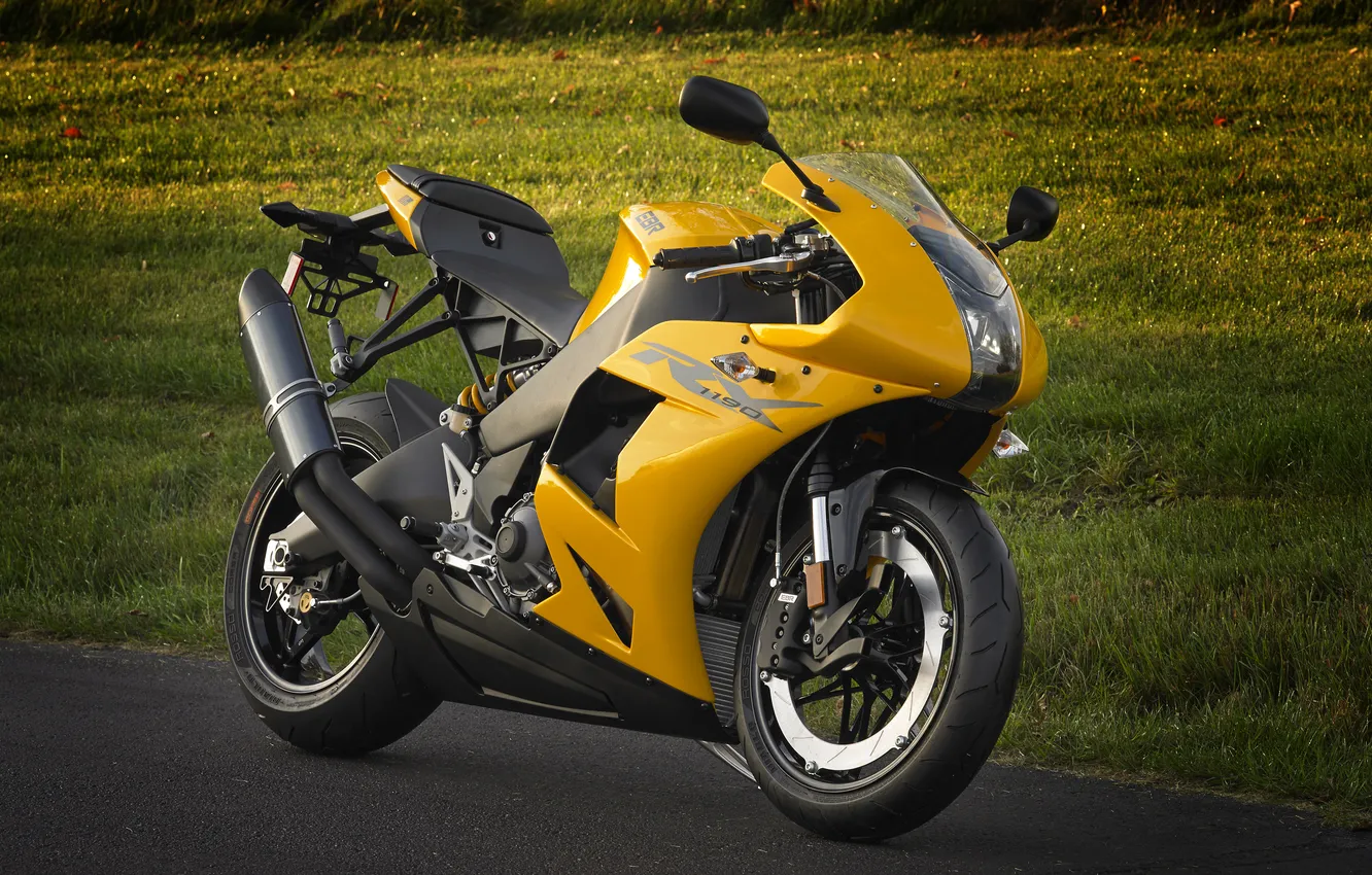 Фото обои желтый, мотоцикл, суперспорт, вид спереди, bike, yellow, EBR, 1198rx