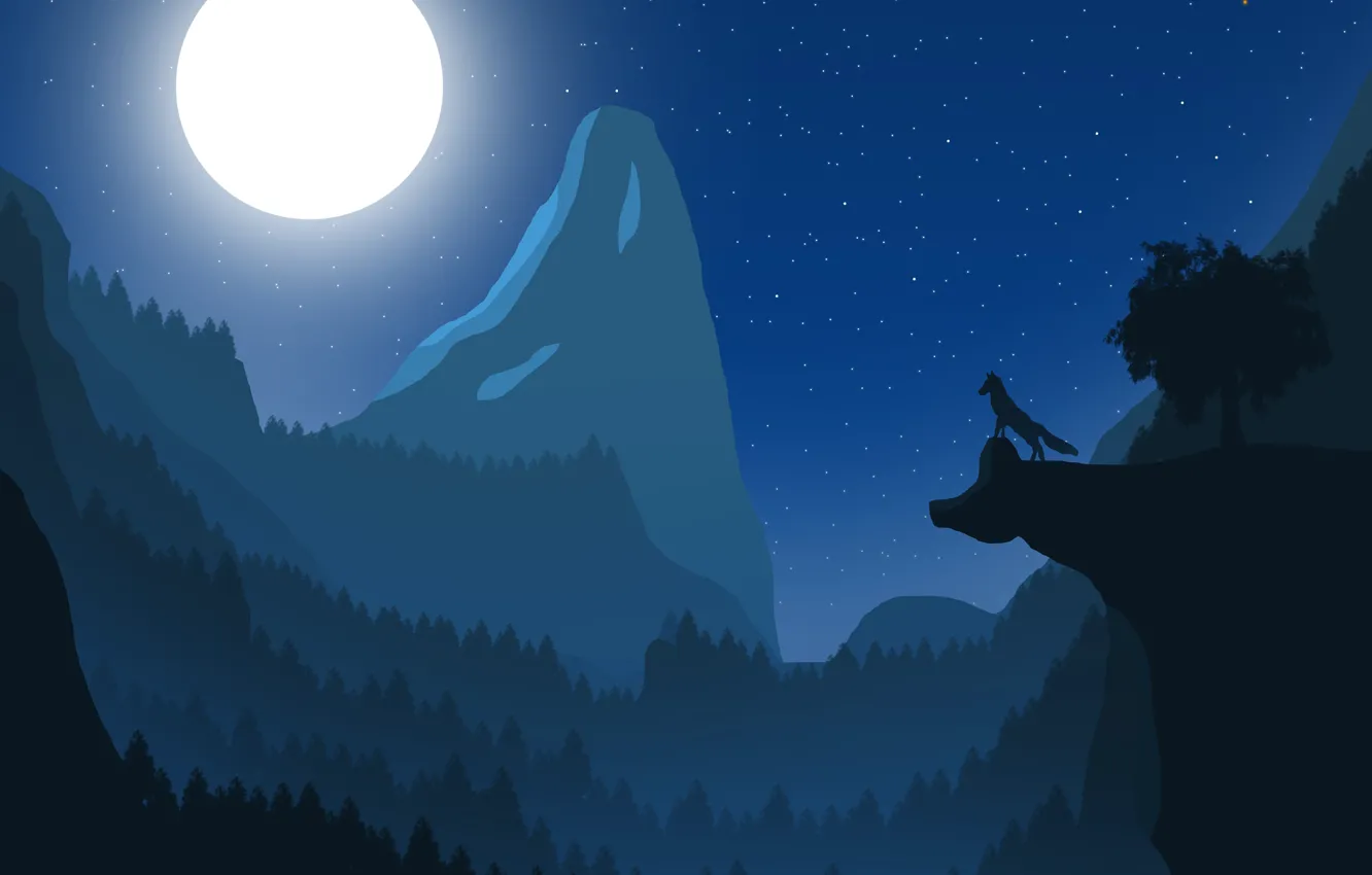 Фото обои пейзаж, горы, луна, волк, ночной пейзаж, лиса, полнолуние, fox