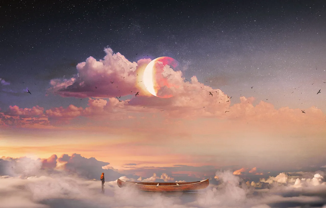 Фото обои Небо, Облака, Звезды, Луна, Человек, Лодка, Птицы, Fantasy