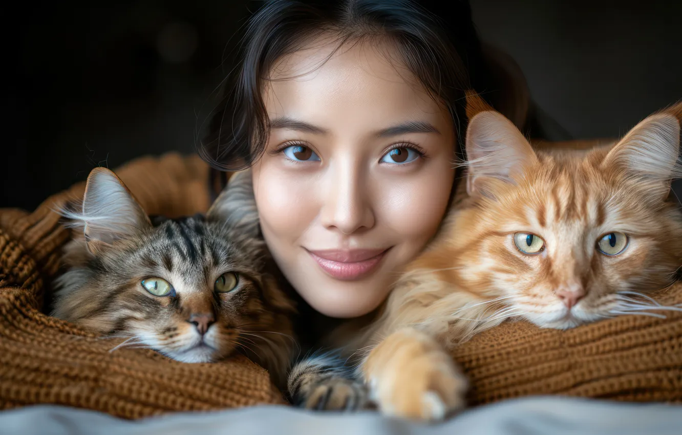 Фото обои кошка, кот, взгляд, девушка, кошки, лицо, улыбка, темный фон