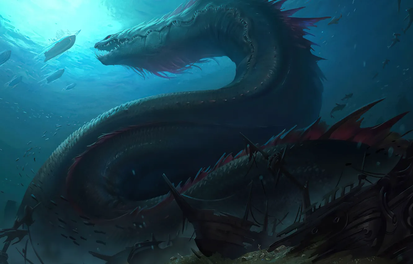 Фото обои дракон, корабль, сокровища, морское дно, Legends of Runeterra