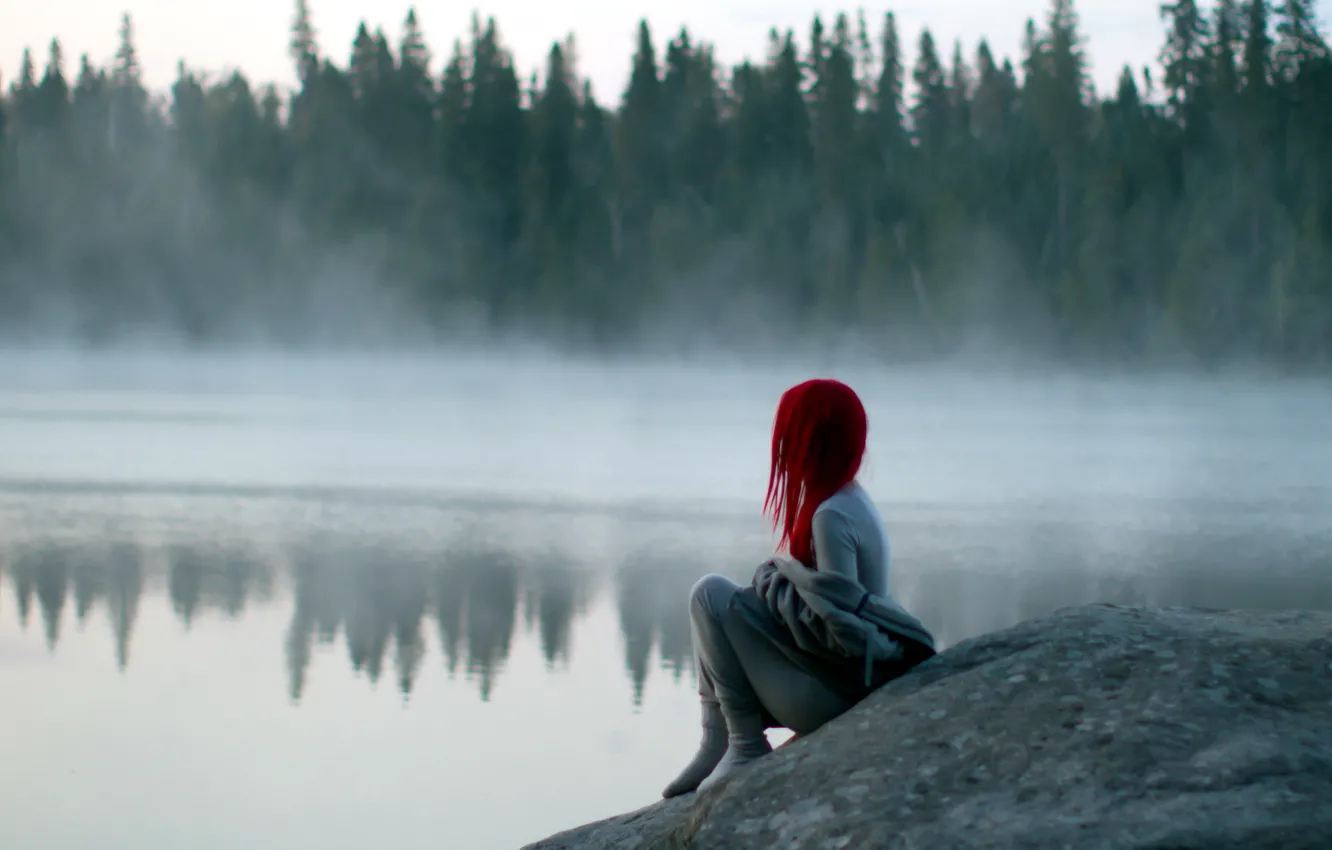 Фото обои девушка, туман, озеро