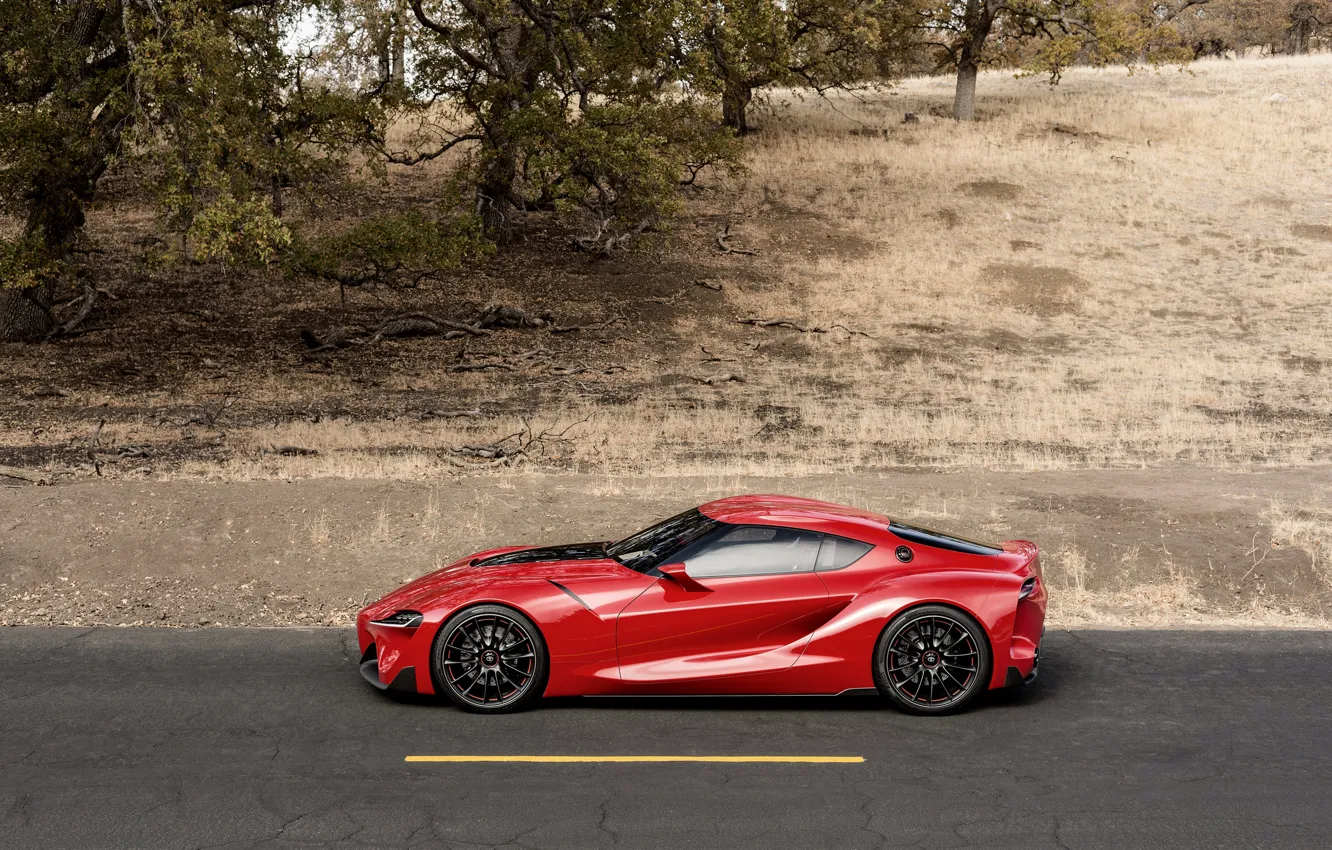 Фото обои асфальт, красный, купе, профиль, Toyota, 2014, FT-1 Concept