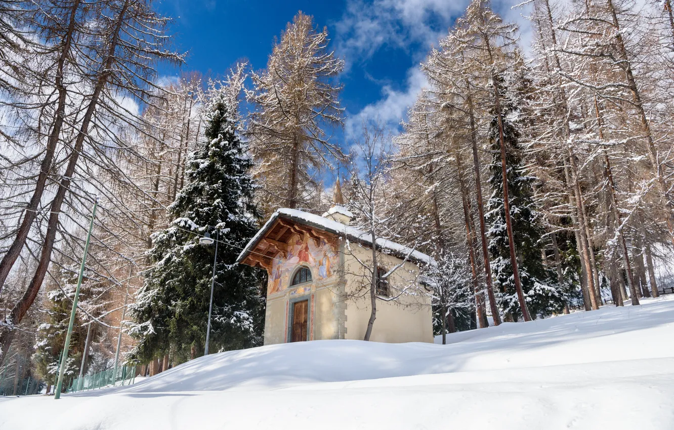 Фото обои зима, склон, Италия, часовня, Валле-д’Аоста