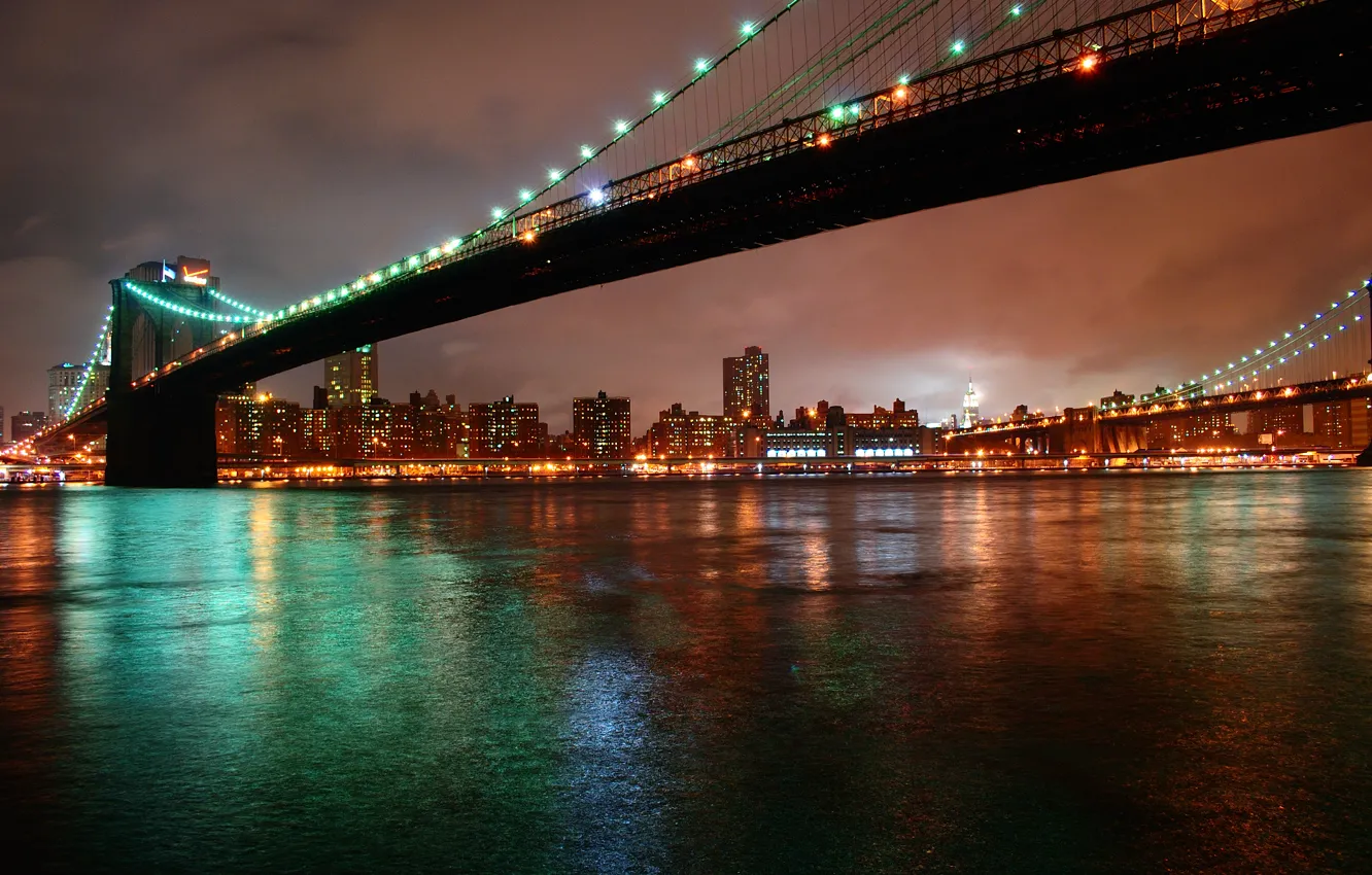 Фото обои ночь, city, город, огни, нью-йорк, night, new york, бруклинский мост