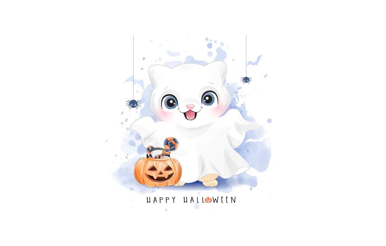 Фото обои Halloween, Happy Halloween, Cute, Bat, Celebrations, White aesthetic, Cute art