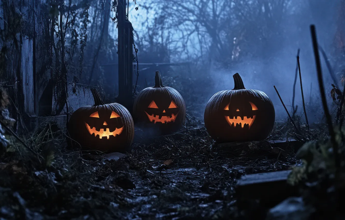 Фото обои Вечер, Деревья, Тыквы, Halloween, Хэллоуин, Цифровое искусство, Жутко, Ужастик