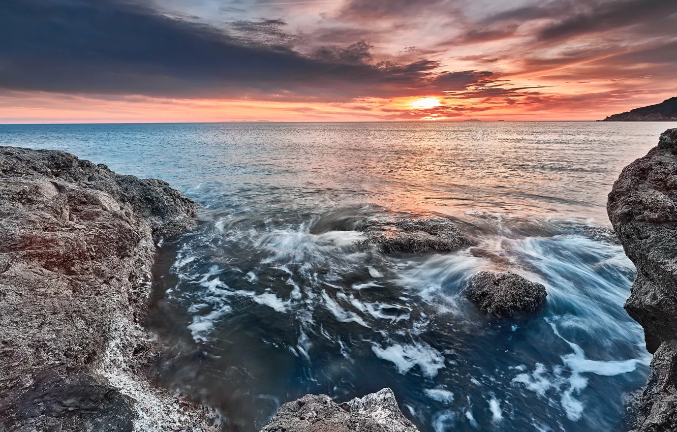 Фото обои море, волны, небо, пена, солнце, облака, пейзаж, закат