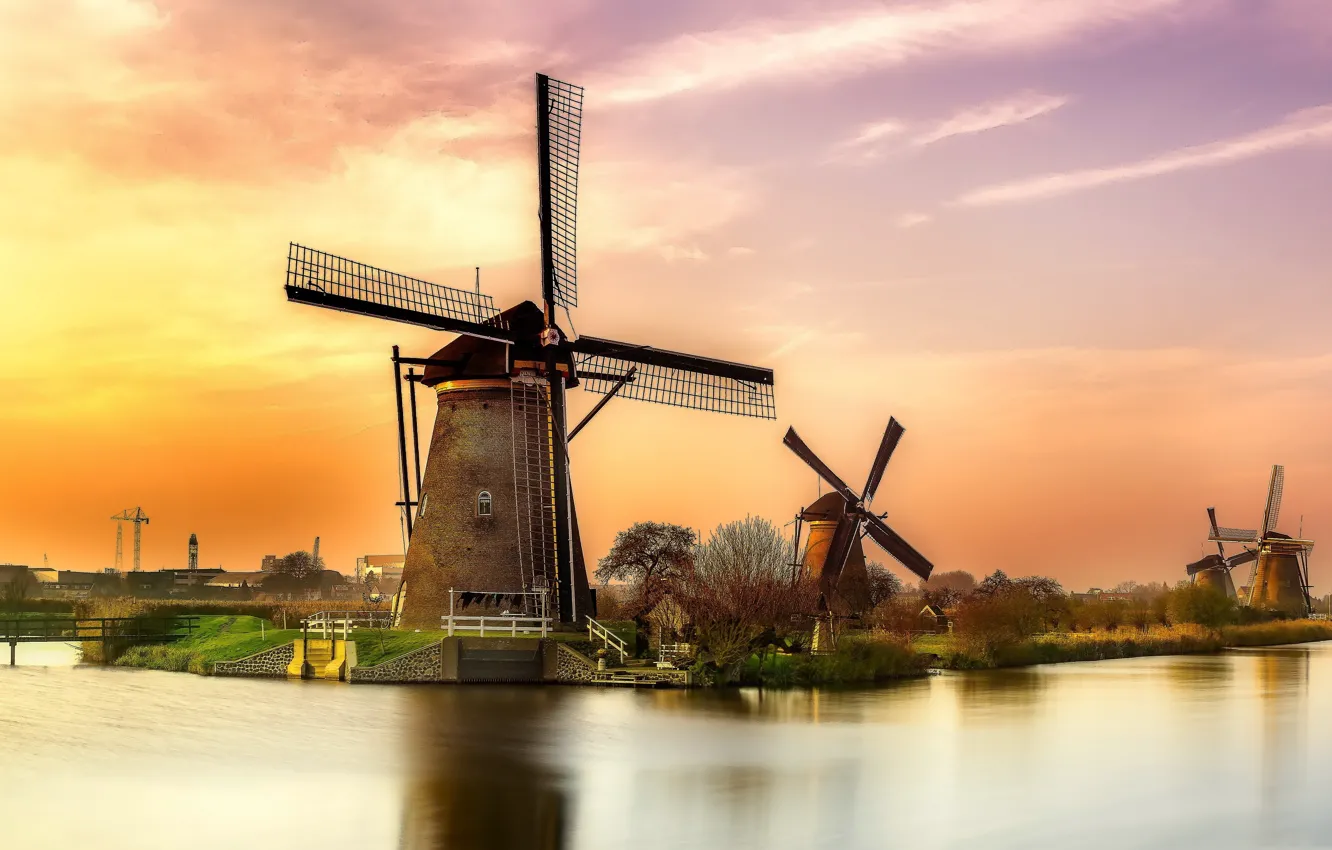 Фото обои канал, Нидерланды, ветряная мельница