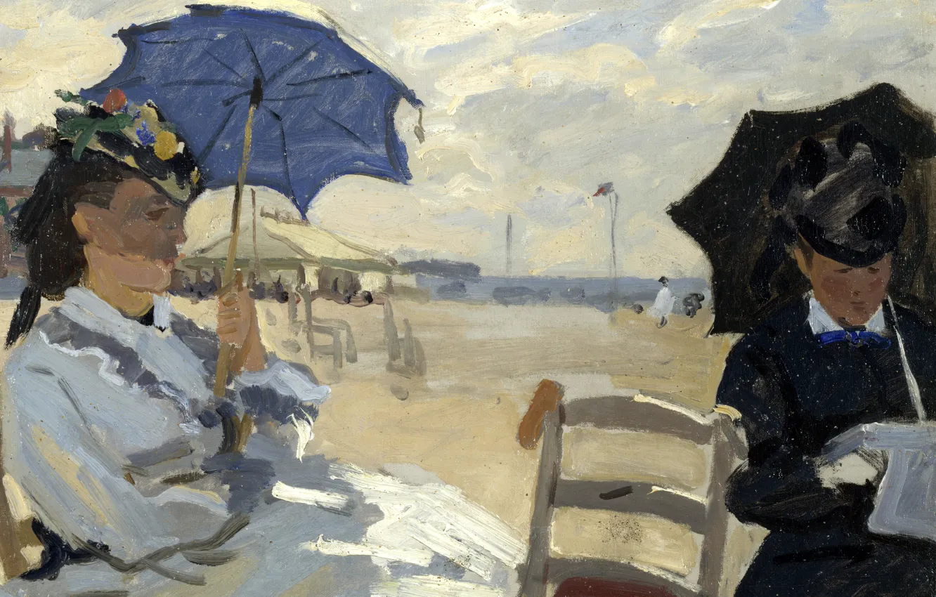 Фото обои девушки, картина, зонт, вуаль, морской пейзаж, Клод Моне, жанровая, Пляж в Трувиле