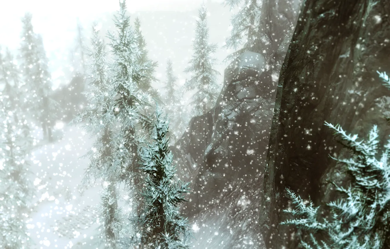 Фото обои снег, деревья, горы, Skyrim