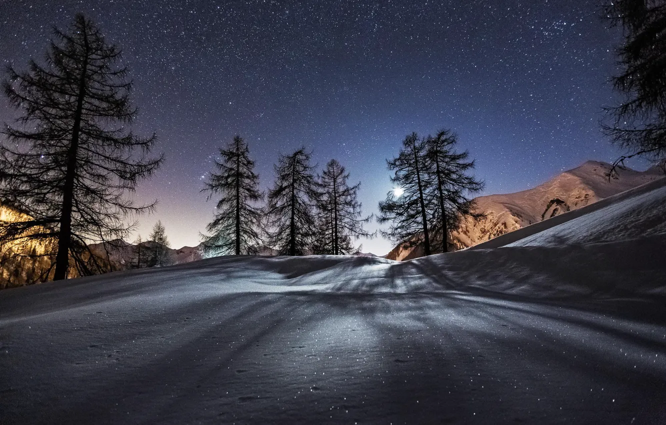 Фото обои зима, звезды, снег, деревья, горы, ночь