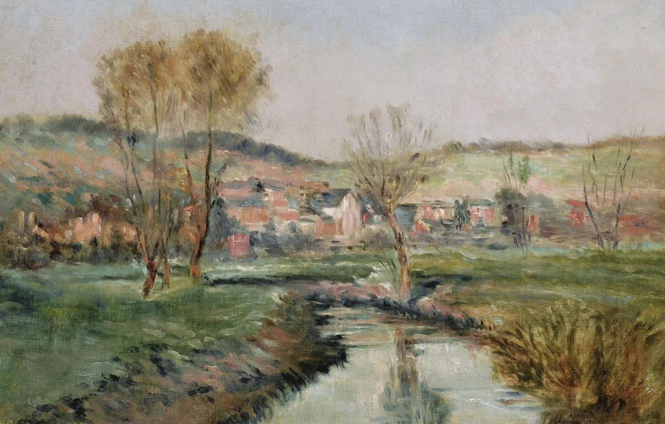 Фото обои пейзаж, природа, река, дома, картина, Альбер-Шарль Лебур, Albert Lebourg, Landscape at Ruisseau