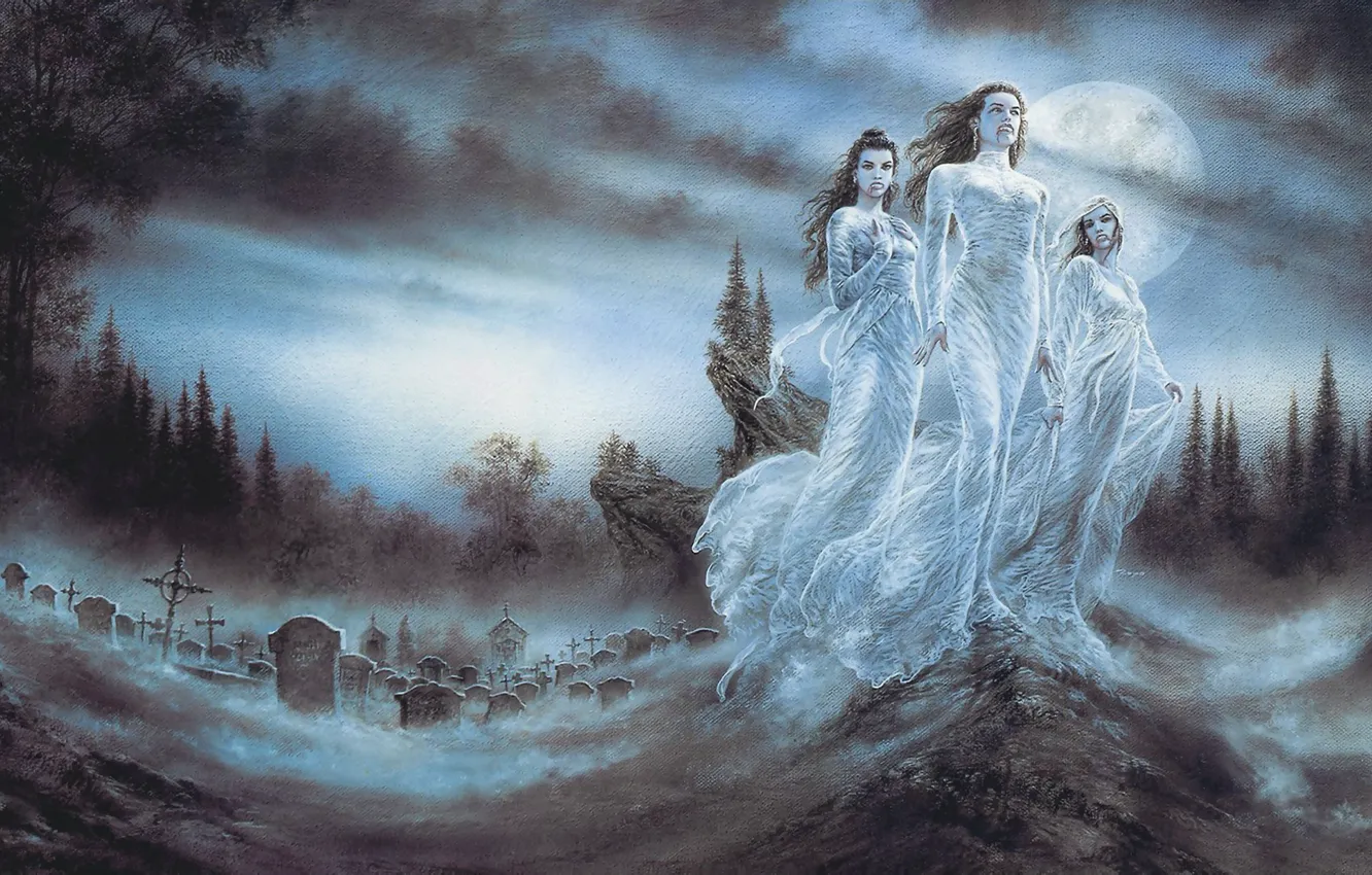 Фото обои ночь, девушки, луна, кровь, арт, кладбище, вампиры, Luis Royo