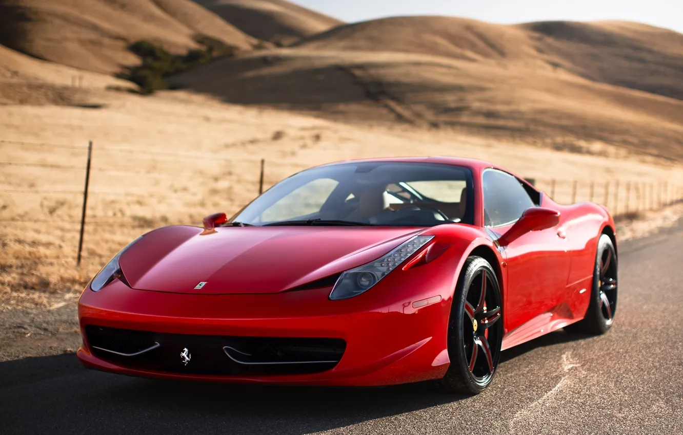Фото обои горы, красный, отражение, red, ferrari, феррари, вид спереди, италия