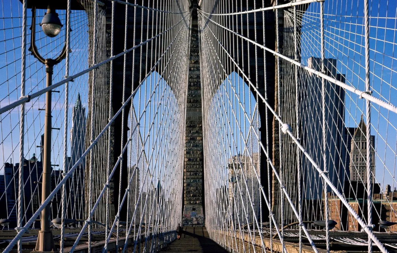 Фото обои небо, небоскреб, дома, опора, трос, New York, бруклинский мост, brooklyn bridge