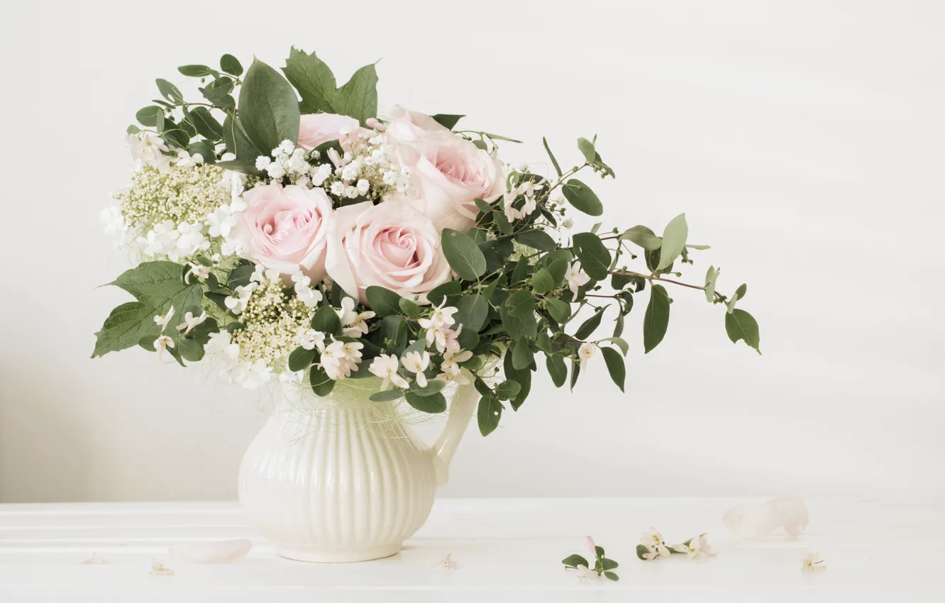 Фото обои цветы, розы, букет, ваза, Maya Kruchenkova