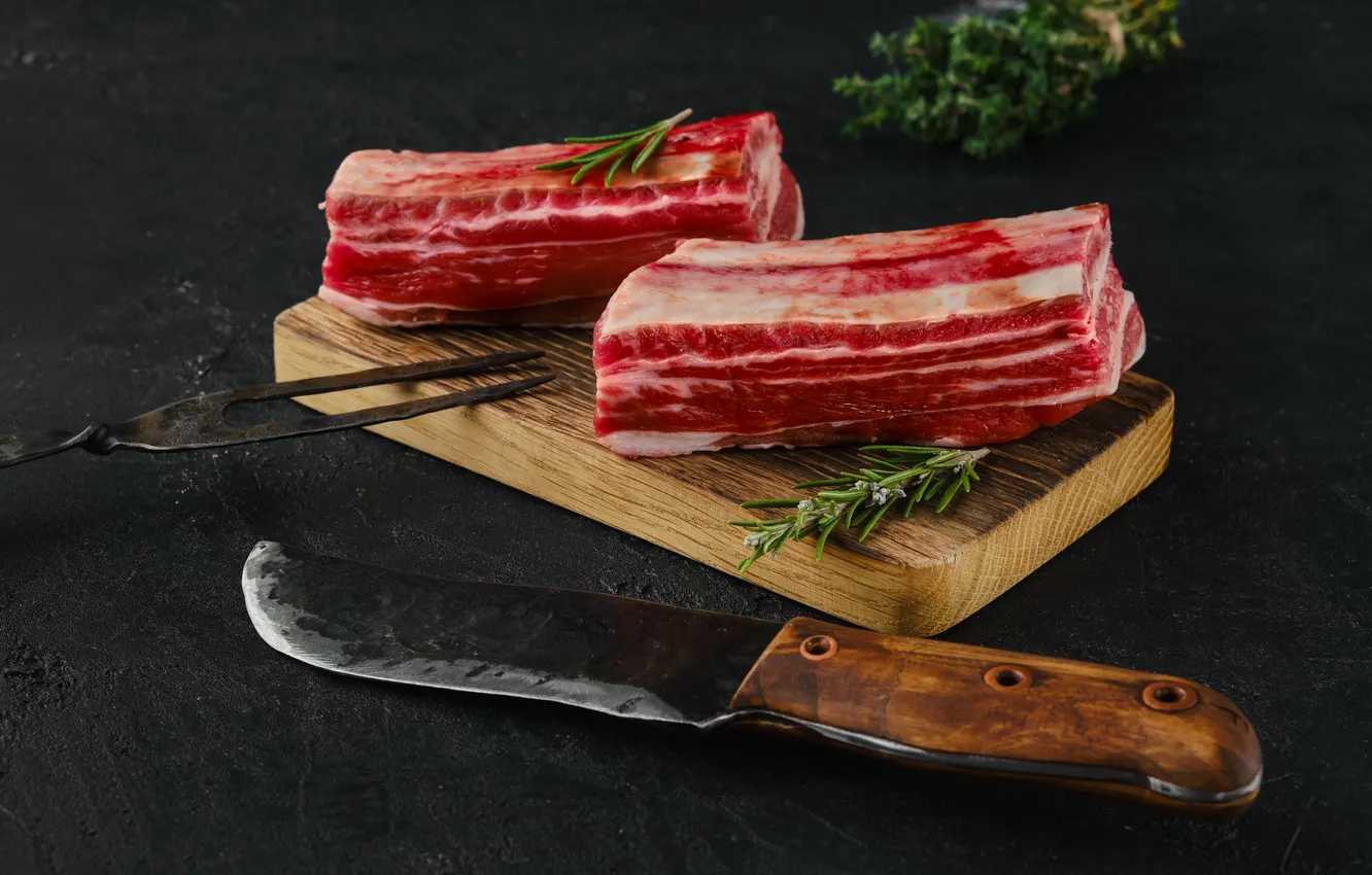 Фото обои fork, knife, meat, chopping board, brisket