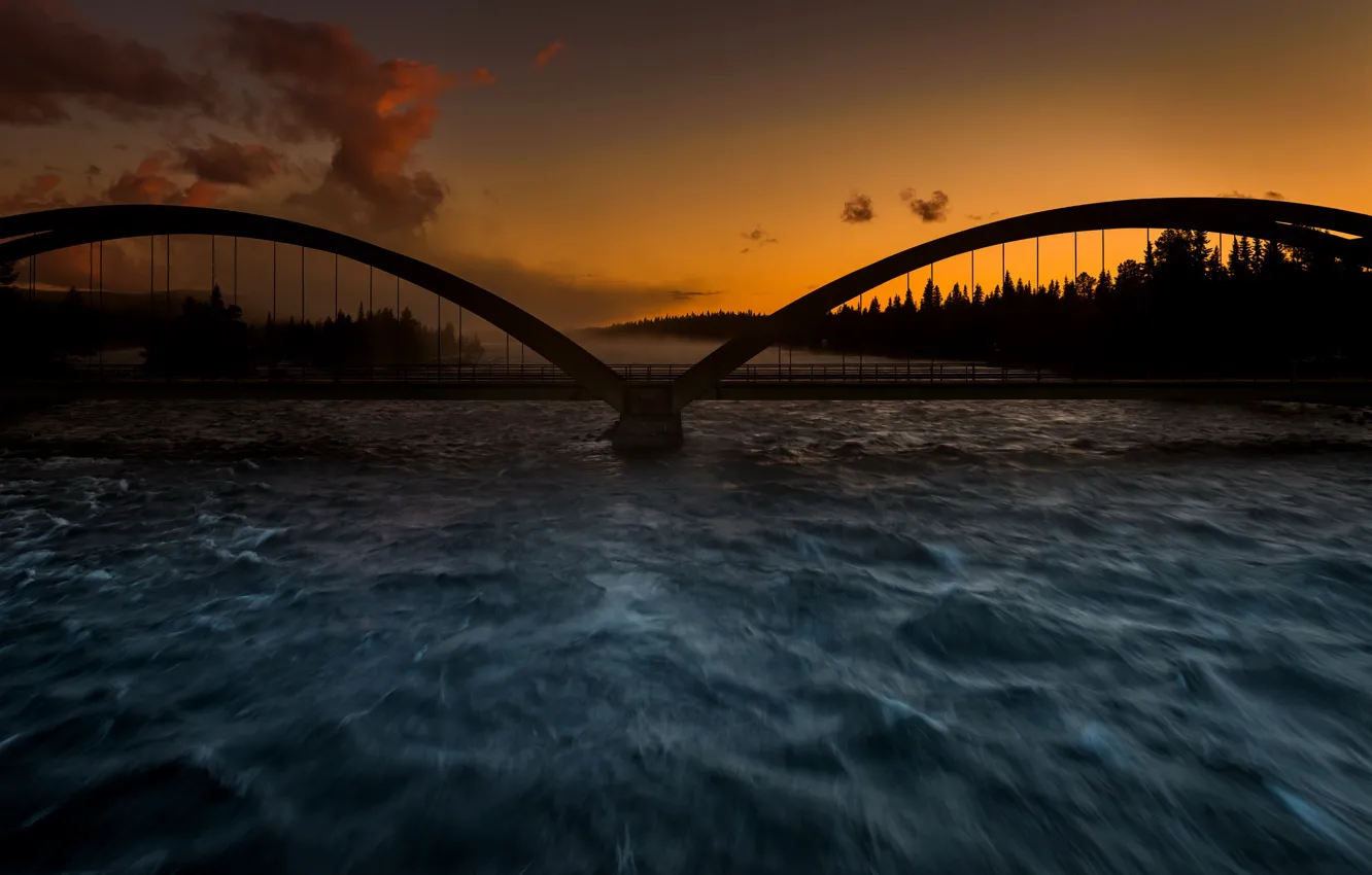 Фото обои ночь, мост, река