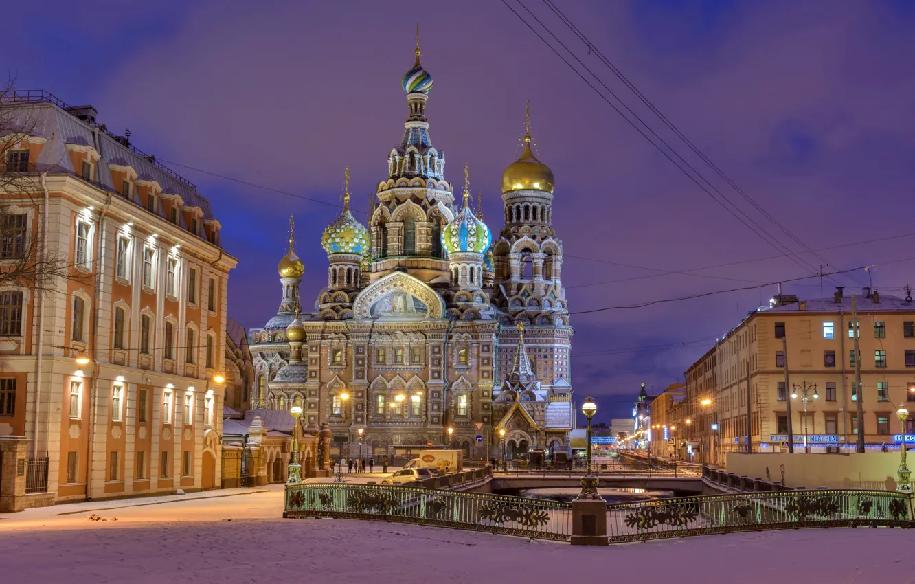 Фото обои огни, дома, вечер, фонари, Санкт-Петербург, церковь, канал, храм