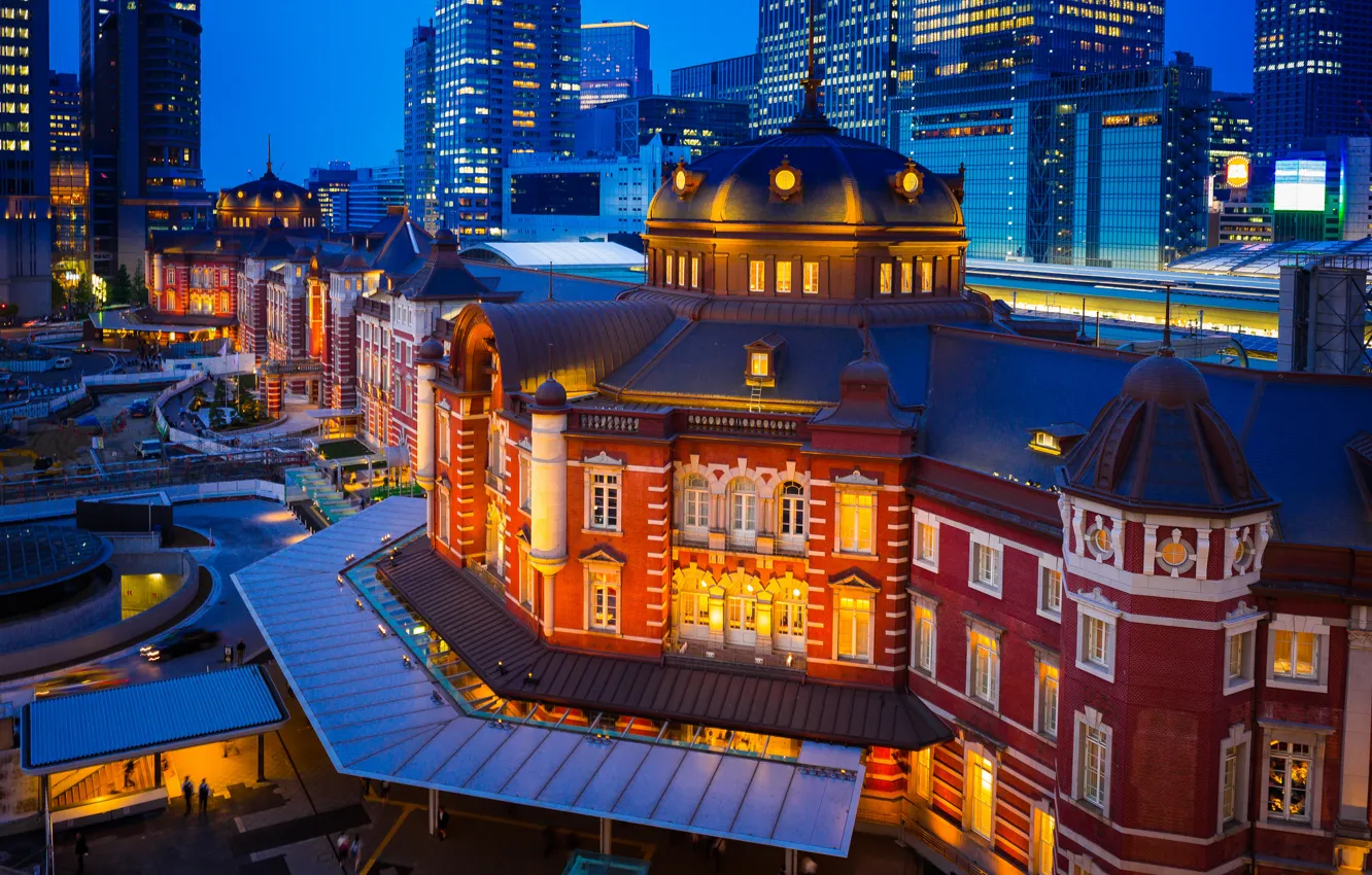 Фото обои здания, Япония, Токио, Tokyo, Japan, ночной город, Marunouchi, Tokyo Station