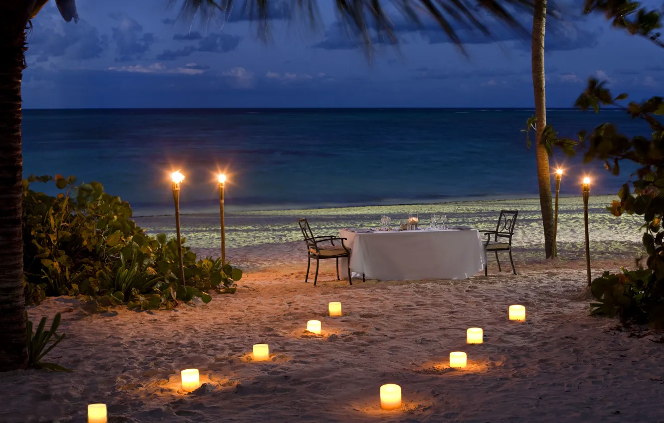Фото обои пляж, океан, романтика, вечер, свечи, beach, ocean, sunset