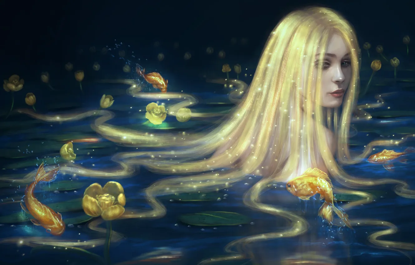 Фото обои взгляд, вода, девушка, рыбки, русалка, арт, длинные волосы, золотые