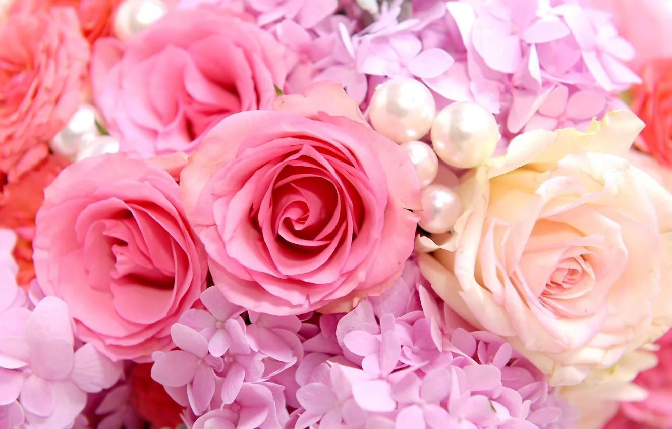 Фото обои розы, гортензия, бусинки