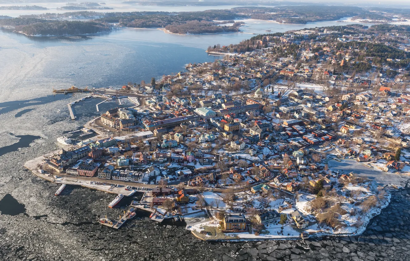 Фото обои зима, город, фото, сверху, Швеция, Vaxholm