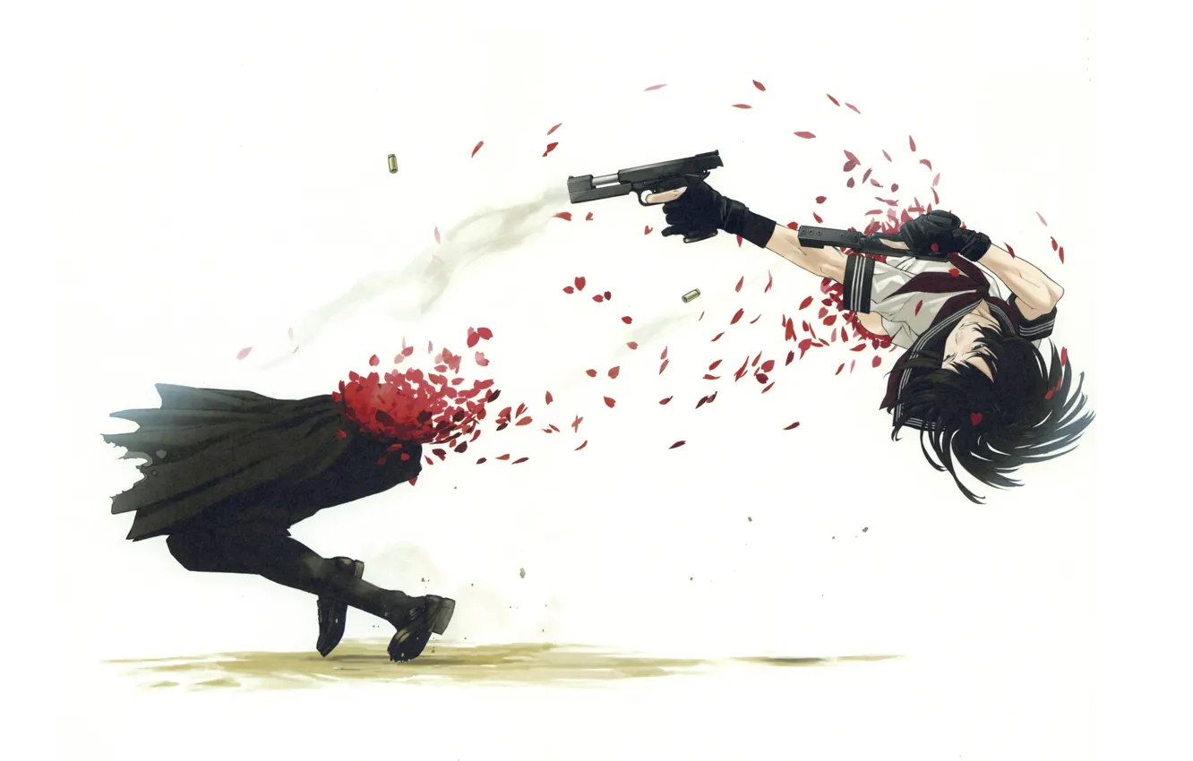 Фото обои пистолет, школьница, перестрелка, смертельная битва, бойня, by Yuusuke Kozaki