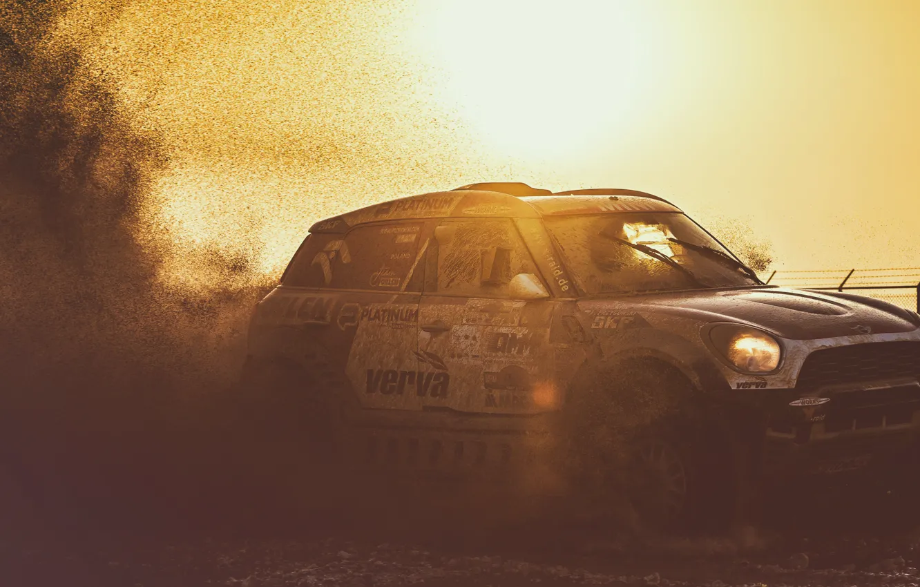 Фото обои Закат, Солнце, Авто, Mini, Спорт, Машина, Скорость, Гонка