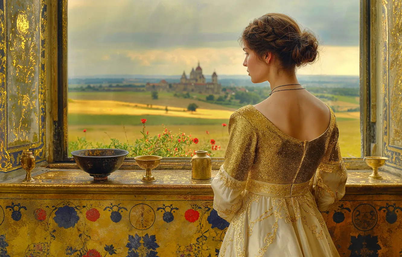 Фото обои девушка, окно, стоит спиной, ИИ-арт, НЕЙРОСЕТЬ