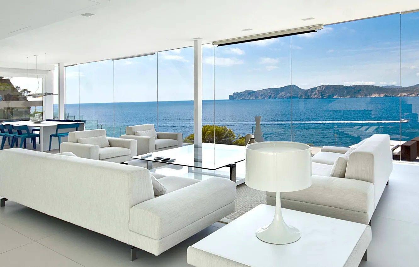 Фото обои вилла, интерьер, Испания, вид на море, гостиная, столовая, Mallorca, Gold Villa