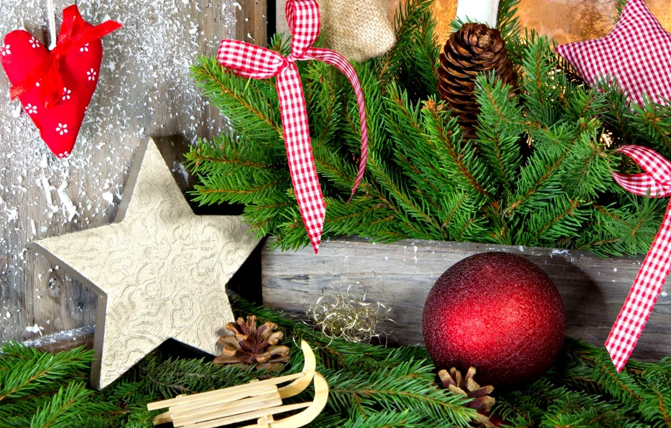 Фото обои шарики, украшения, праздник, Новый Год, Рождество, Christmas, heart, New Year