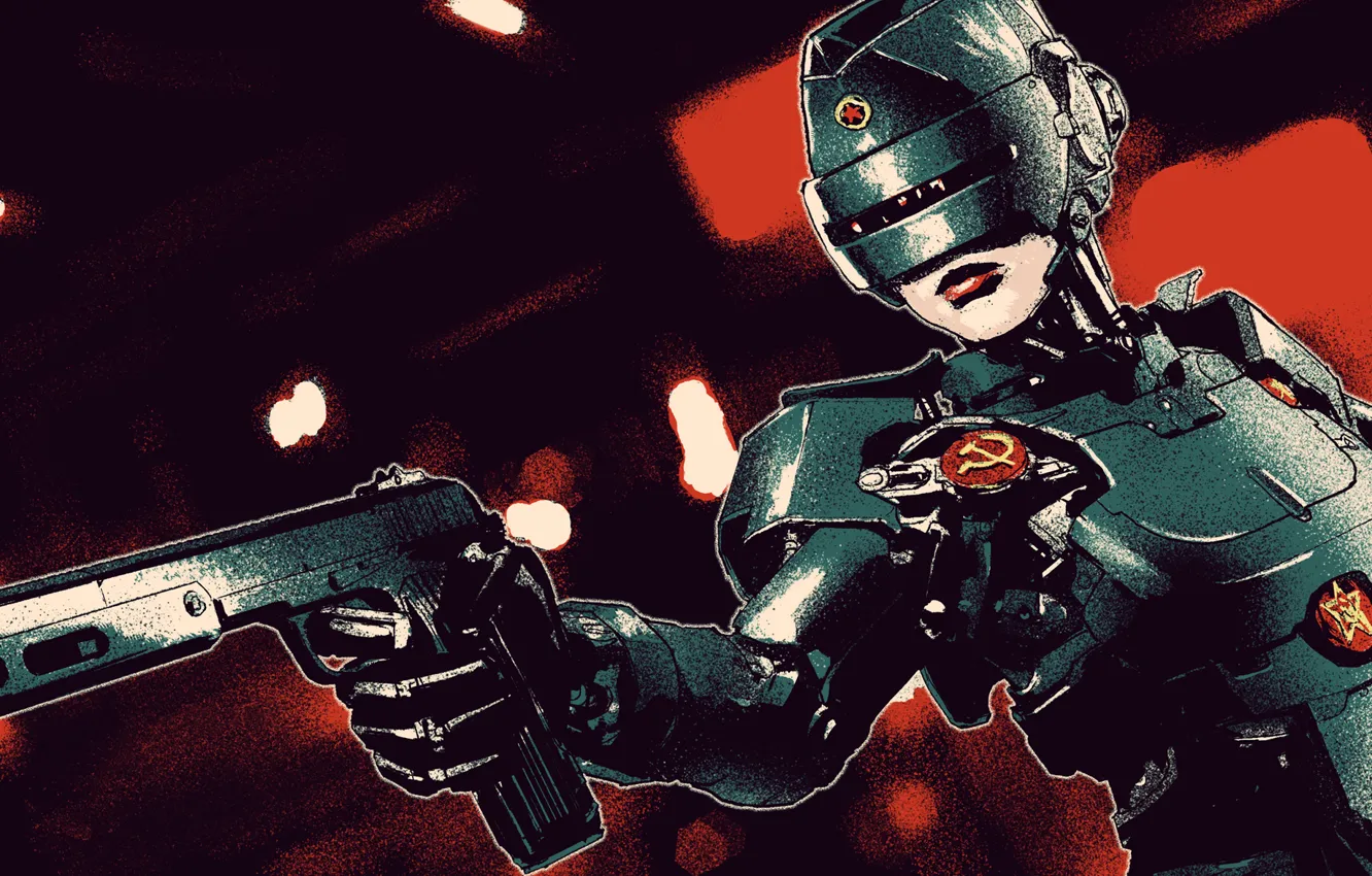 Фото обои пистолет, шлем, USSR, fan art, robocop, Soviet Union, robot girl