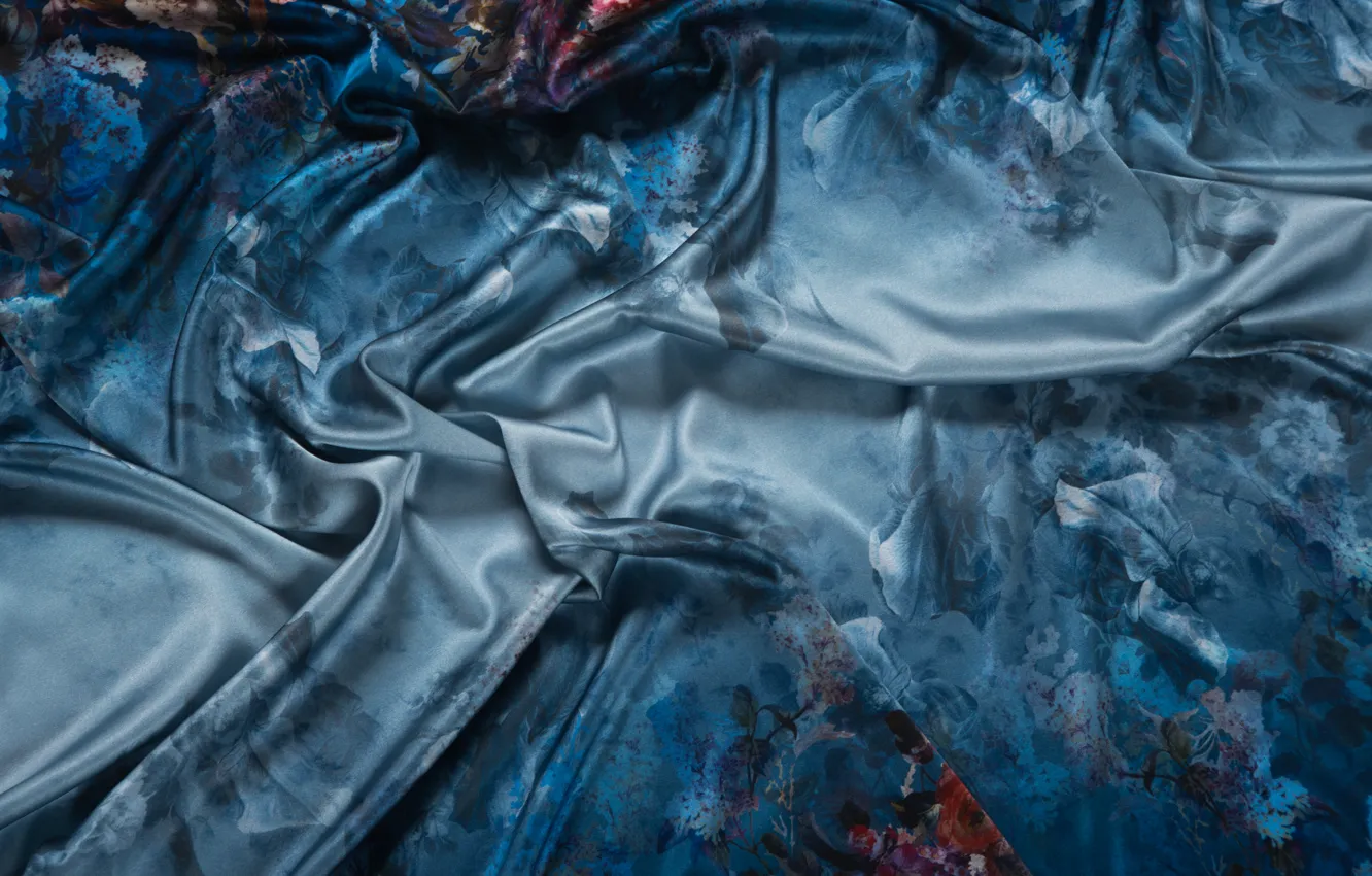 Фото обои волны, цветы, синий, узор, ткань, складки, шёлк, текстиль