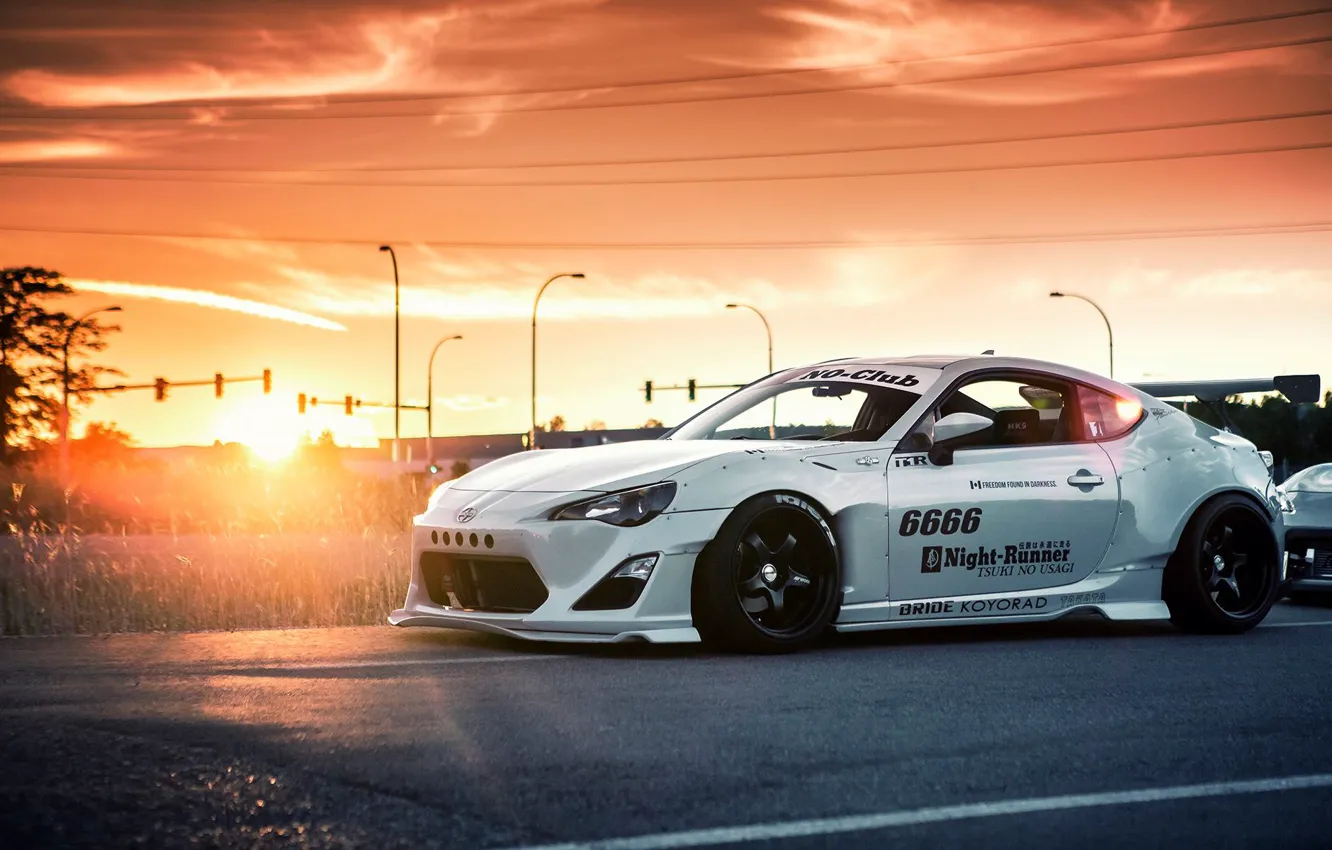 Фото обои car, закат, white, tuning, sun, toyota gt86