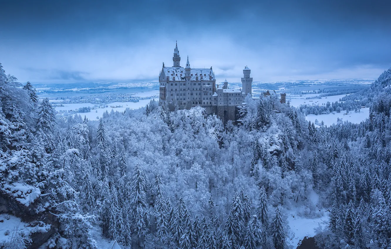 Фото обои Зима, Снег, Замок, Neuschwanstein Castle