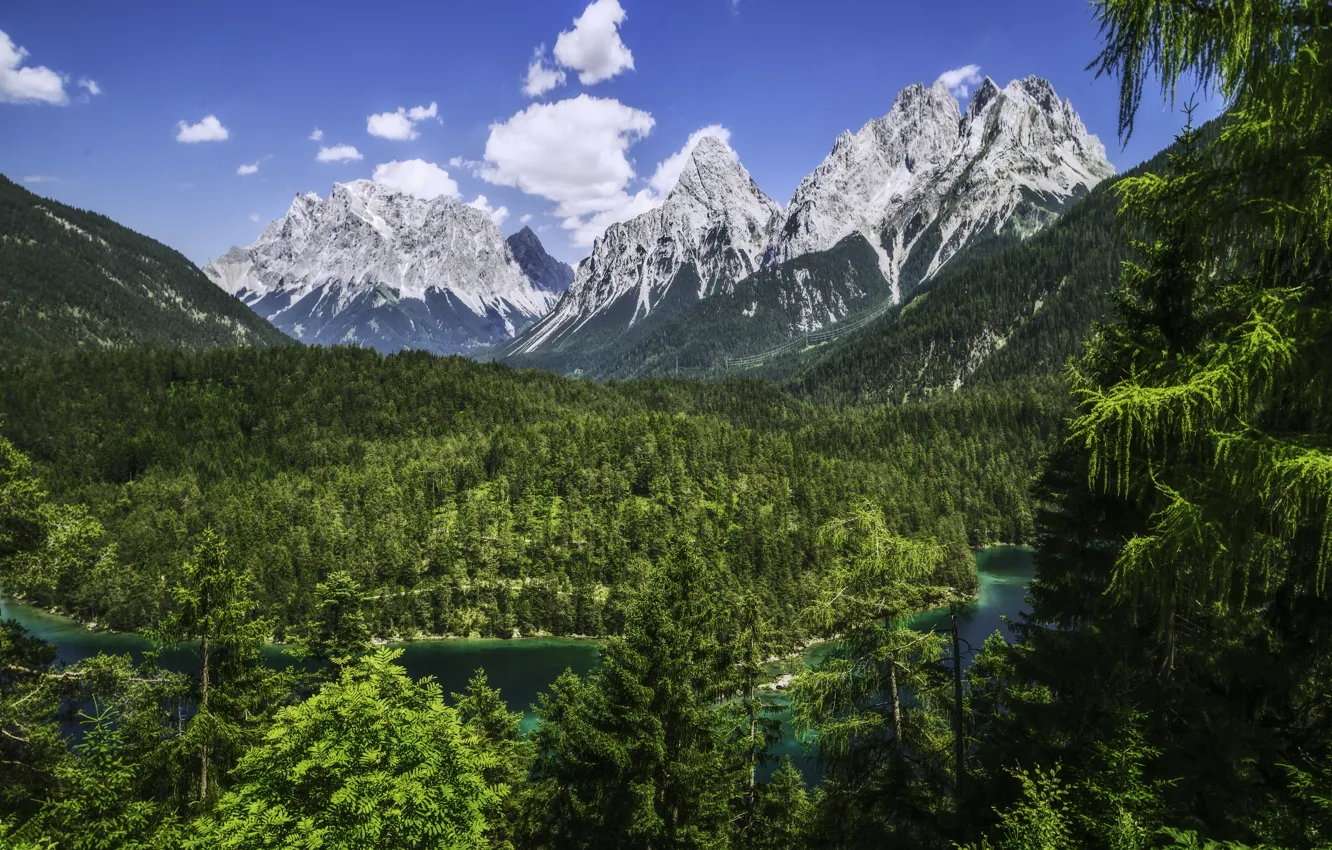 Фото обои лес, горы, река, Германия, Бавария, Альпы, панорама, Germany