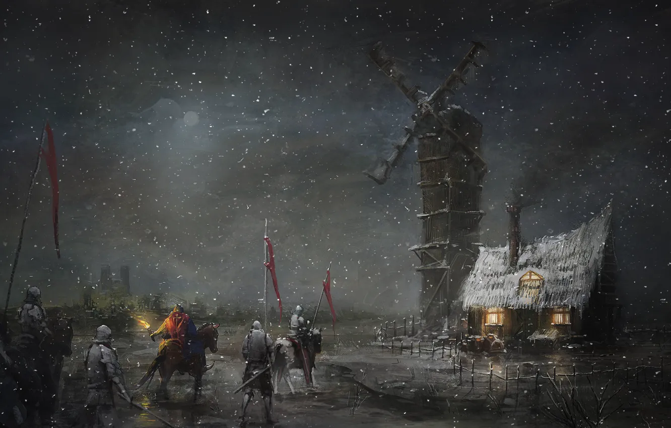 Фото обои снег, ночь, арт, мельница, факел, хижина, поход, рыцари