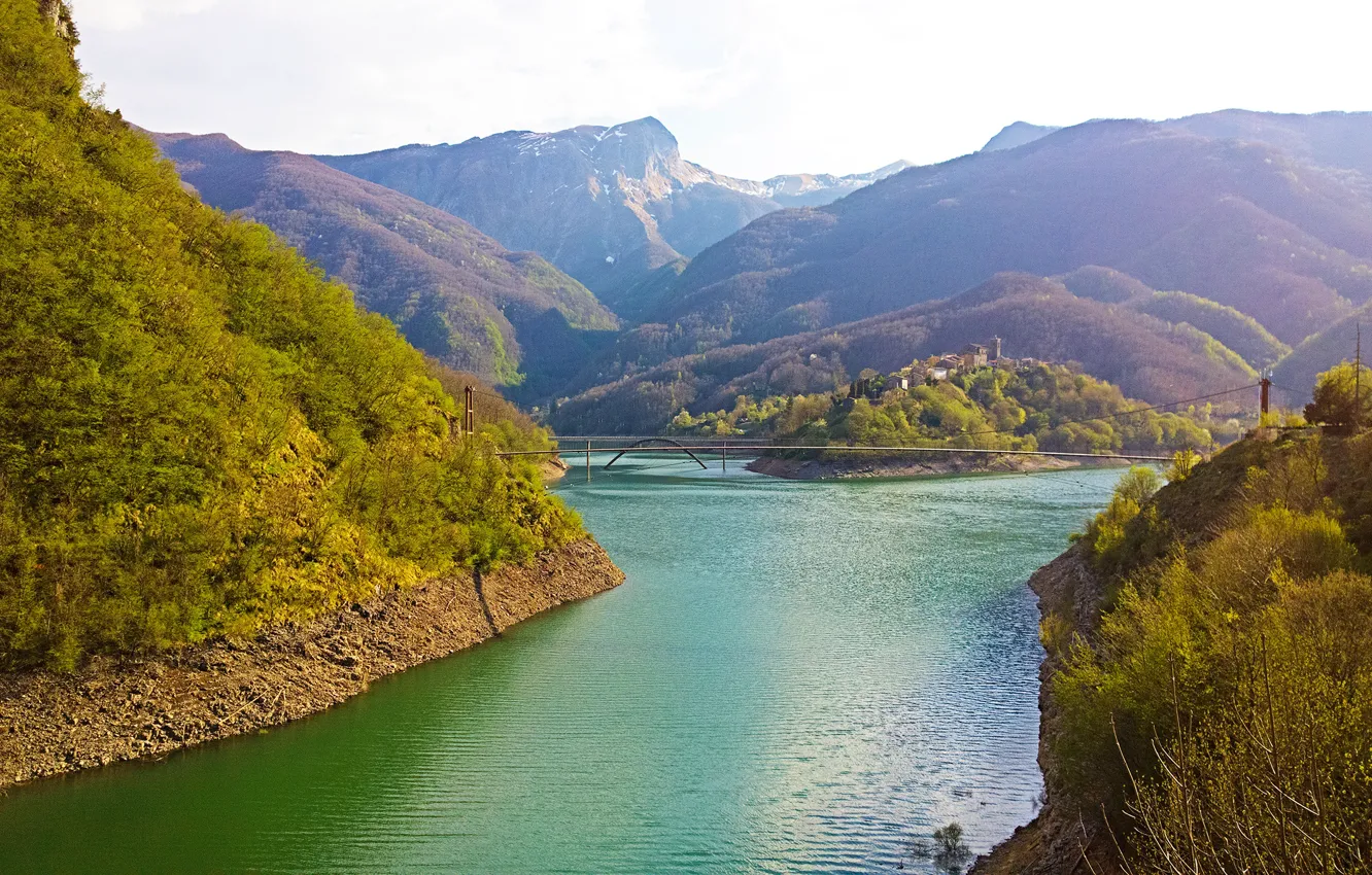 Фото обои лес, деревья, горы, мост, озеро, Италия, Vagli Sotto, lago di Vagli