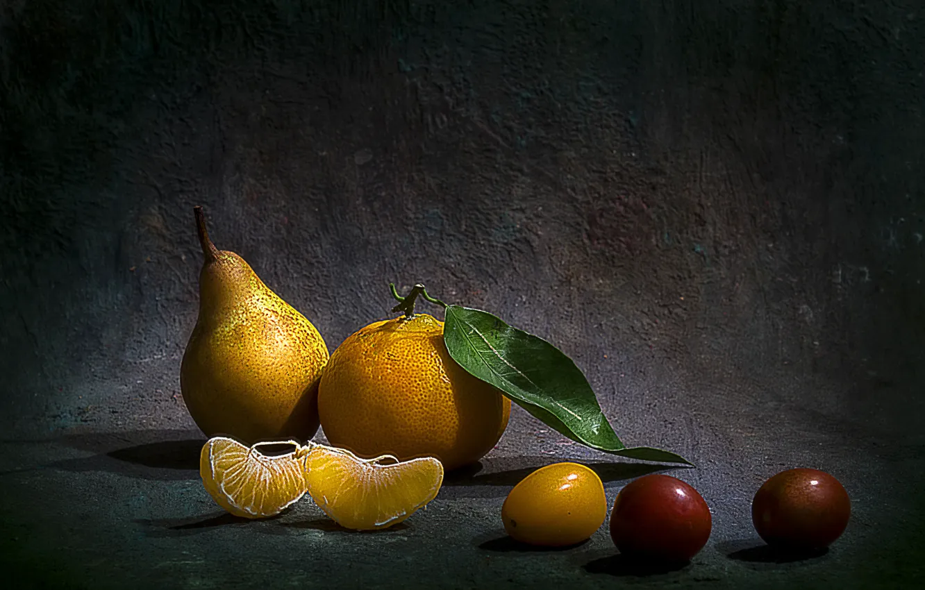 Фото обои стиль, фото, груша, фрукты, натюрморт, мандарин, слива, псевдоживопись